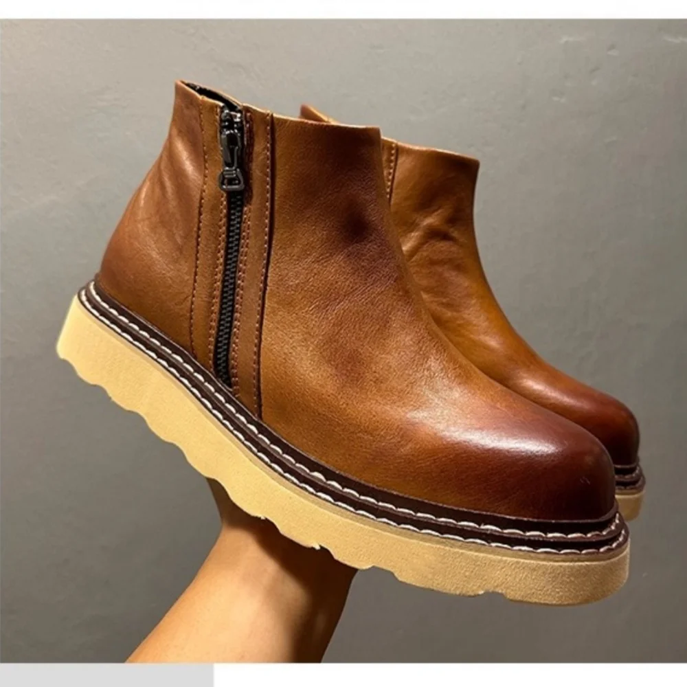 

QHCCID Men's Chelsea Boots Autumn New Style Genuine Leather Retro High-Top Outdoor Fashion Short Boots Trendy Men's Footwear