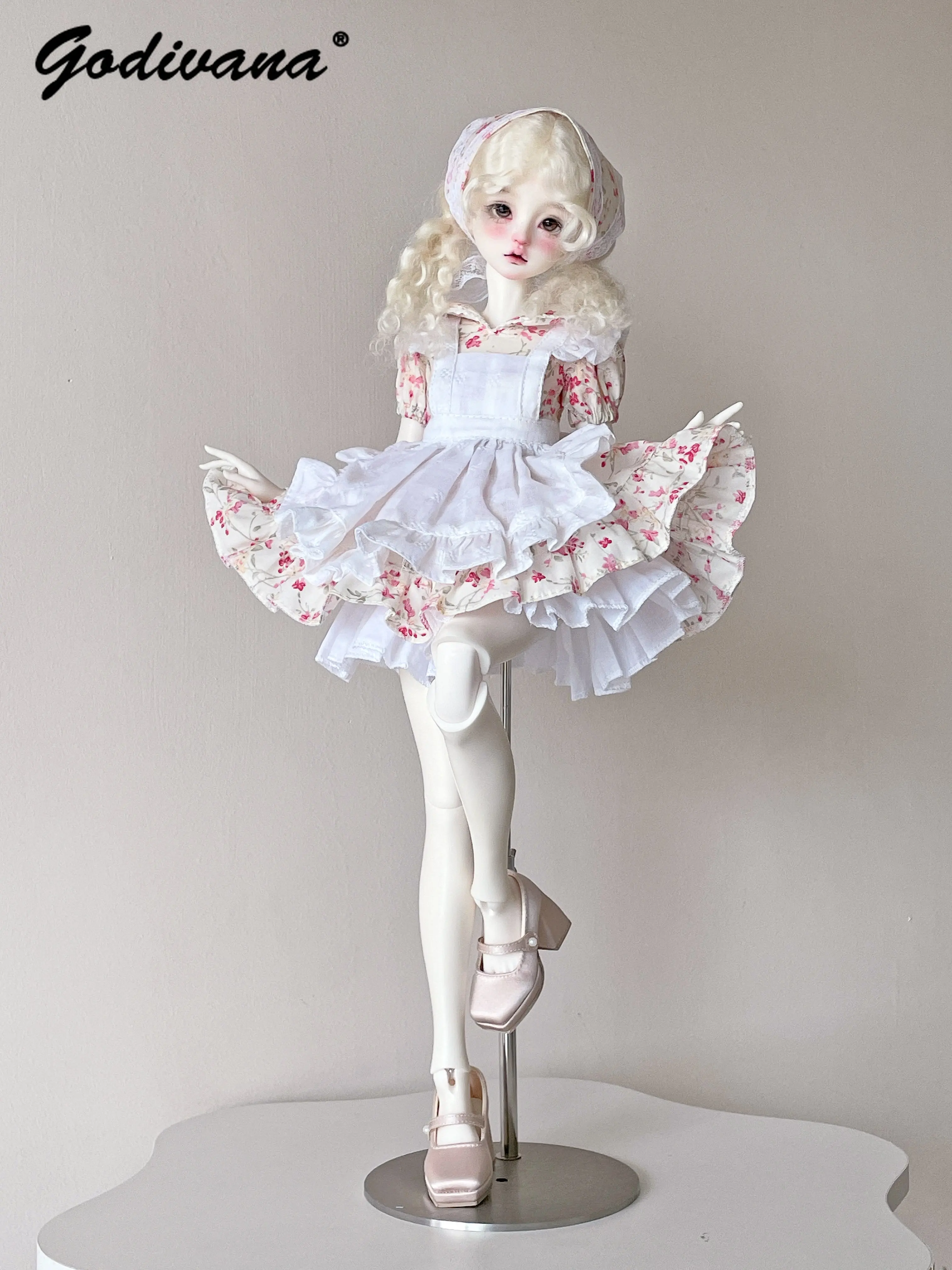 1/4 BJD Doll Lolita Princess Dress Sweet Cute Puff Sleeve Floral Slim Waist Ruffle Trim Mini Tutu Dress with Apron and Headscarf
