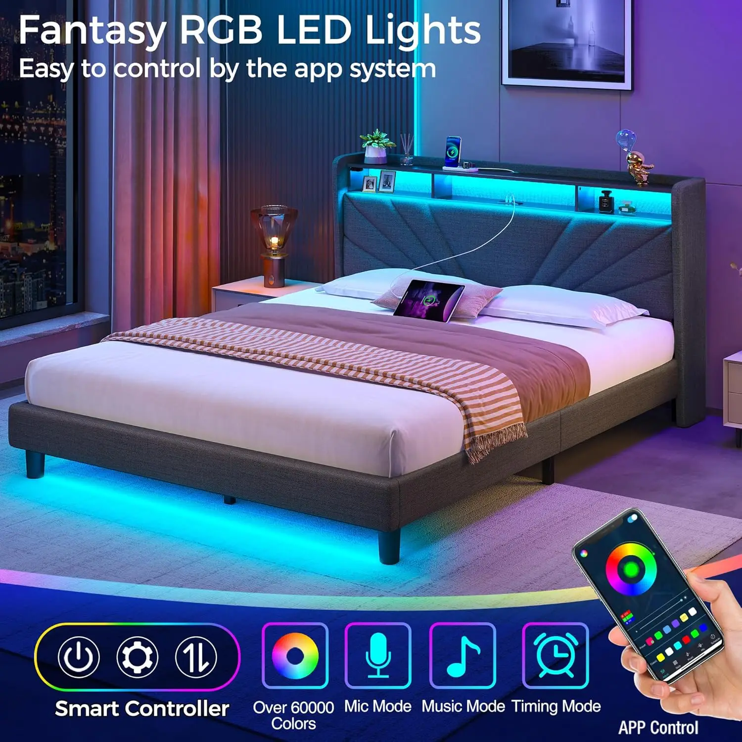 Groot Bedframe, Opberghoofdeinde Met Laadstation En Led-Verlichting, Geruisloos, Eenvoudig Te Monteren, Donkergrijs