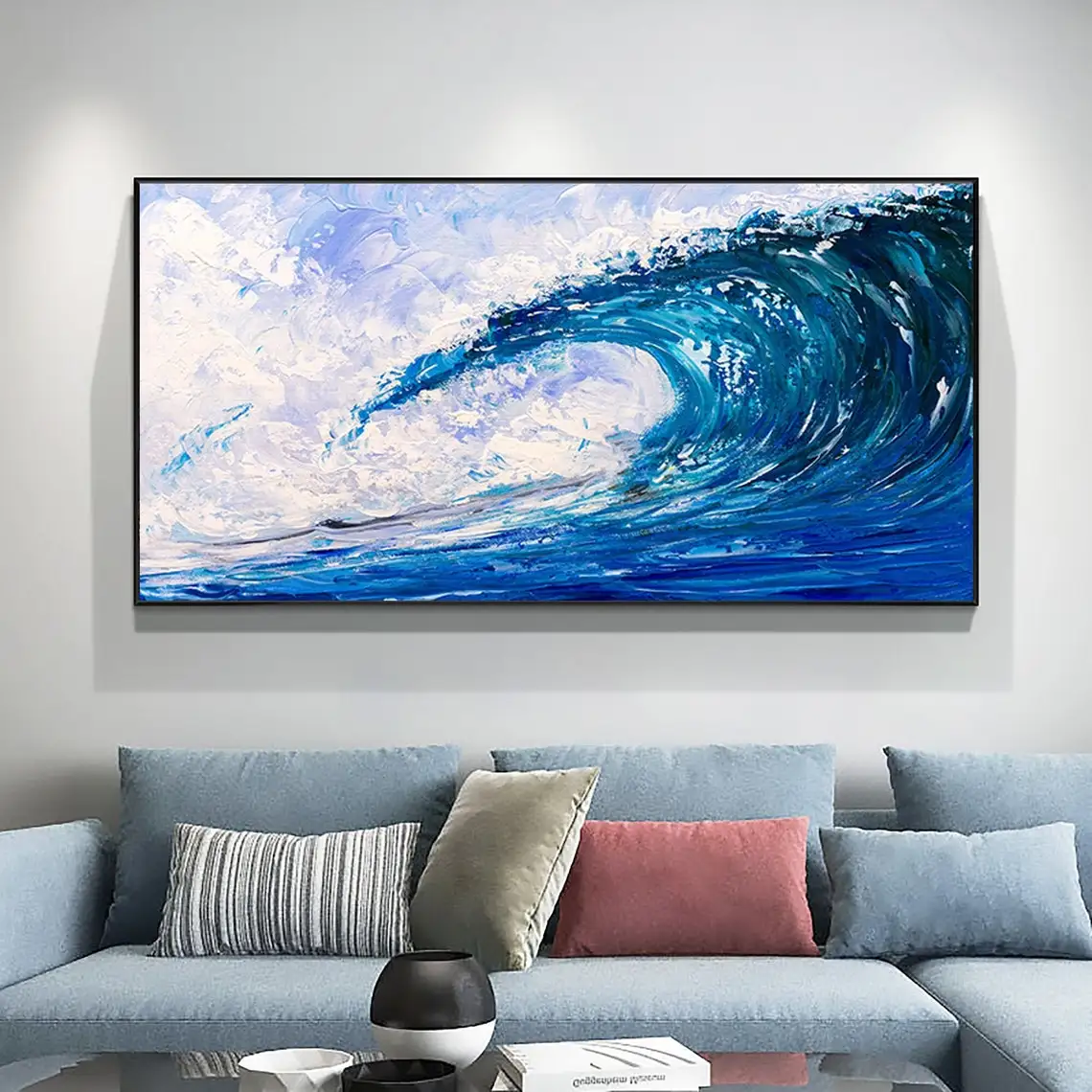 Abstract Blue Wave Hand Painted Oil Painting On Canvas Textured Acrylic Painting Ocean Landscape Modern Living Room Wall Art