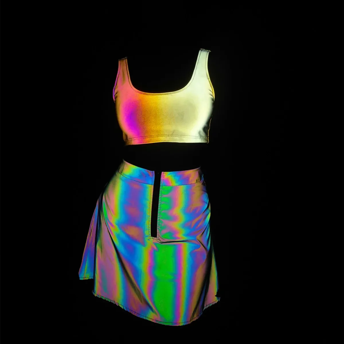 

Rainbow Color Reflective Sexy Skirt Tanks Two Piece Sets Womens Outifits Night Club Colorful Reflect Light Bra Stage Costume