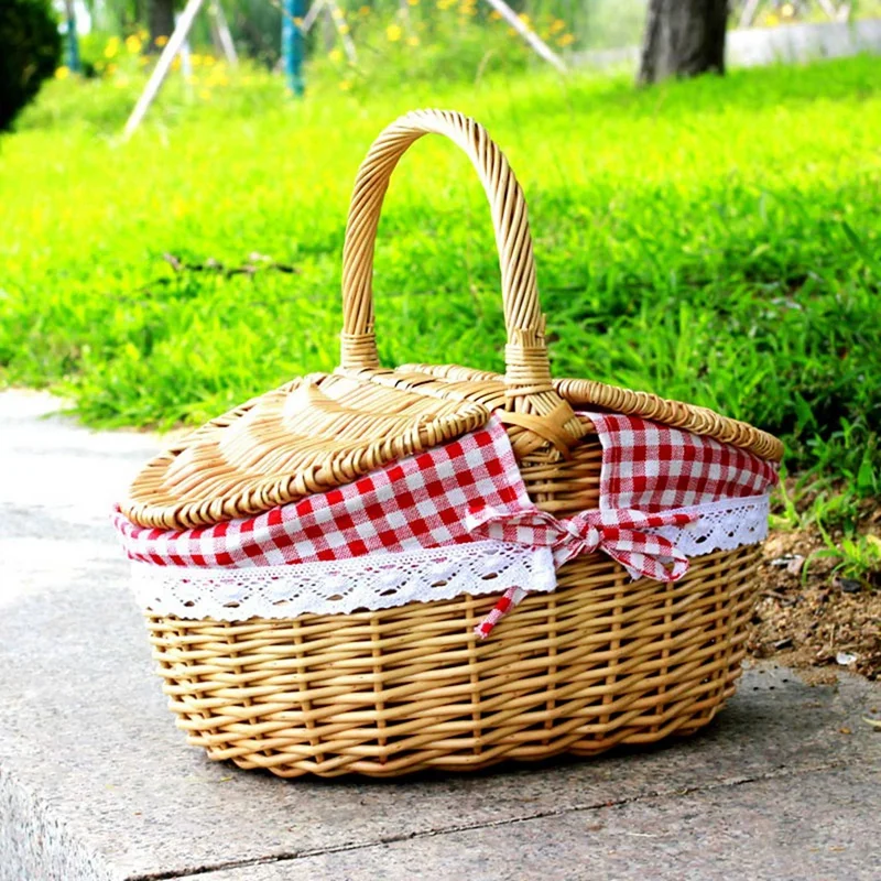 5X Country Style Wicker Picnic Basket Hamper With Lid And Handle & Liners For Picnics, Parties And Bbqs