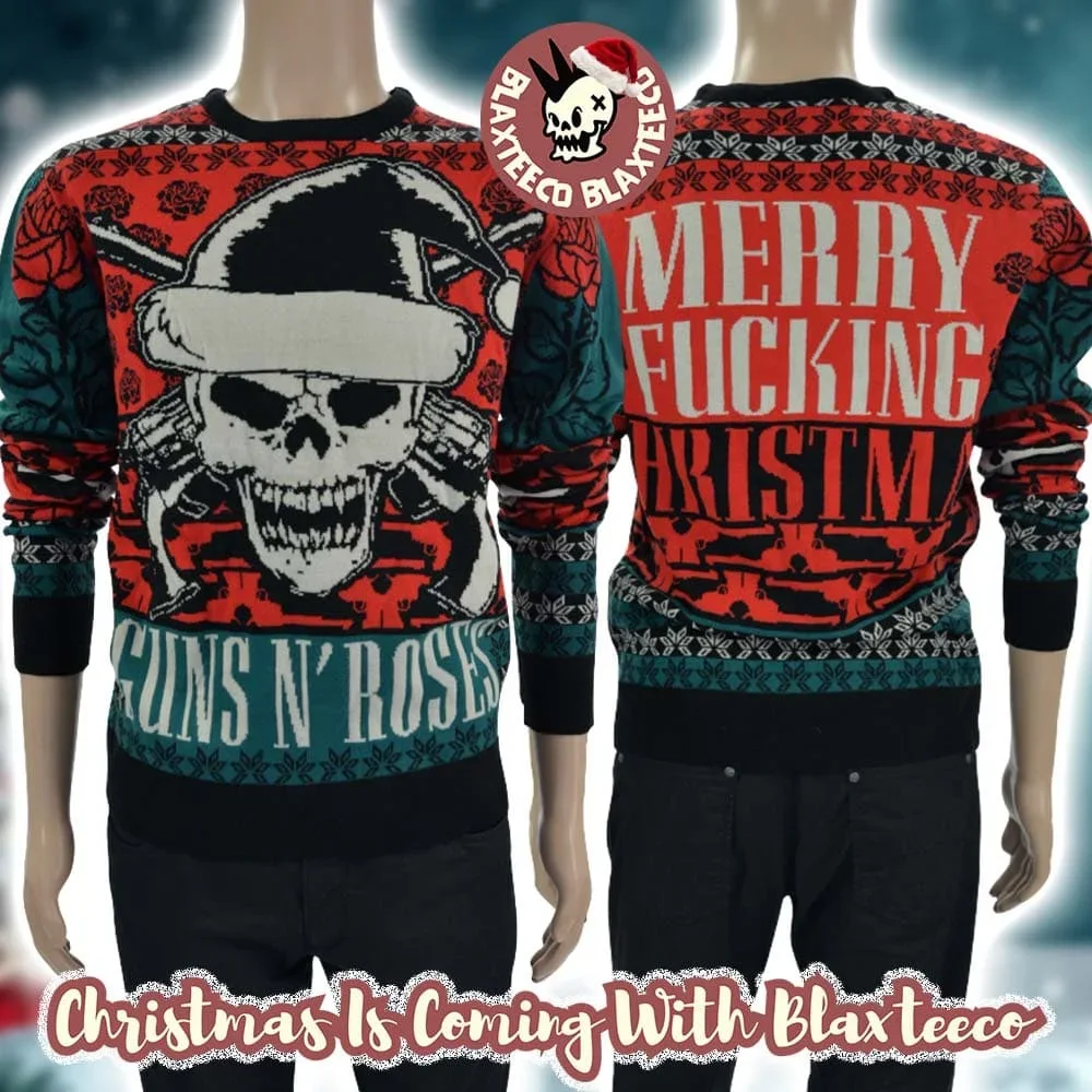 Guns and Roses Ugly Christmas Sweater 3D Print Grid Snow Long Sleeve Pullover Funny Fan Holiday Streetwear Family Matching