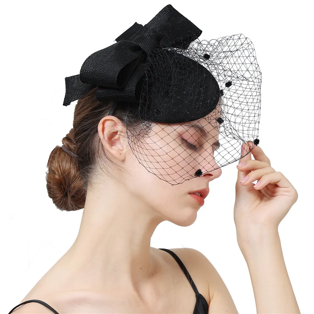 Black Imitation Linen Cocktail Fascinator Hat Derby Millinery Hair Accessories Elegant Cover Face Veils Feather Flower Headband