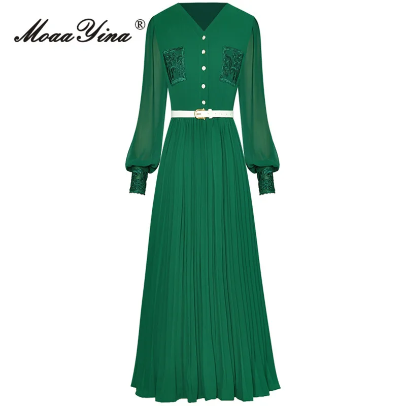 

MoaaYina Spring Fashion Runway Green Vintage Dress Women Lantern Sleeve Button Embroidery Sashes Gathered Waist Slim Long Dress