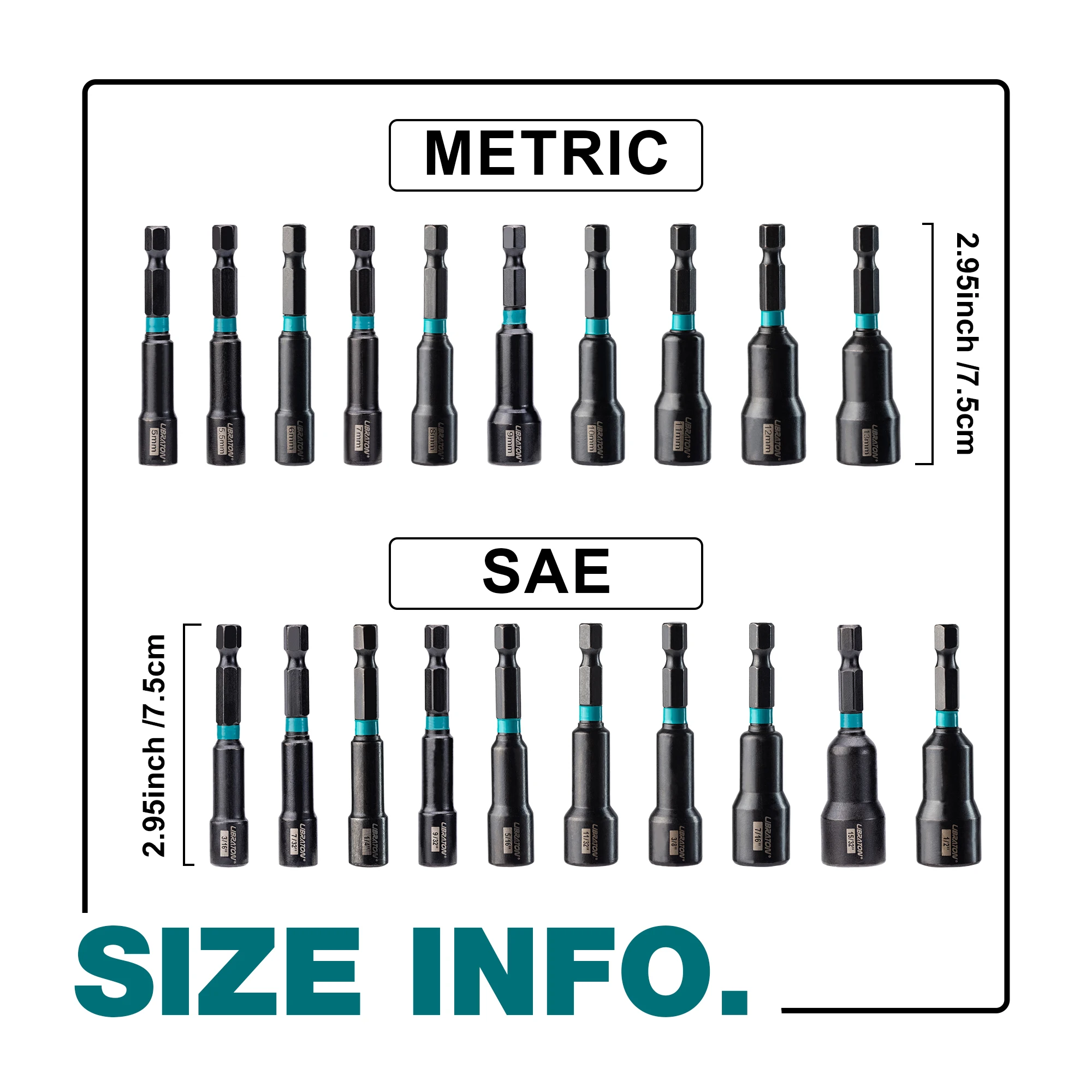 LIBRATON 22-teiliges Schlagbohrer-Bit-Set 1/4" Magnetischer Mutternschlüssel-Satz Metrische und SAE-Mutternschlüssel mit Aufbewahrungstasche – Detail 3