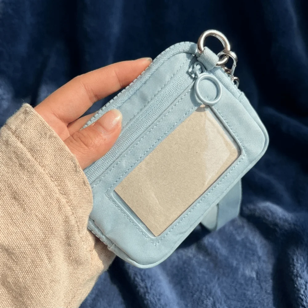 Clutch Portable Zipper Closure Wrist Bag Clear Window Multi Pockets Keychain Coin Purse Small Size Nylon Card Case Purse Commute