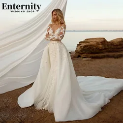 Customized Sheer O Neck Wedding Dress Mermaid With Detachable Train Bridal Gown Lace Appliques Open Back Vestidos De Novia