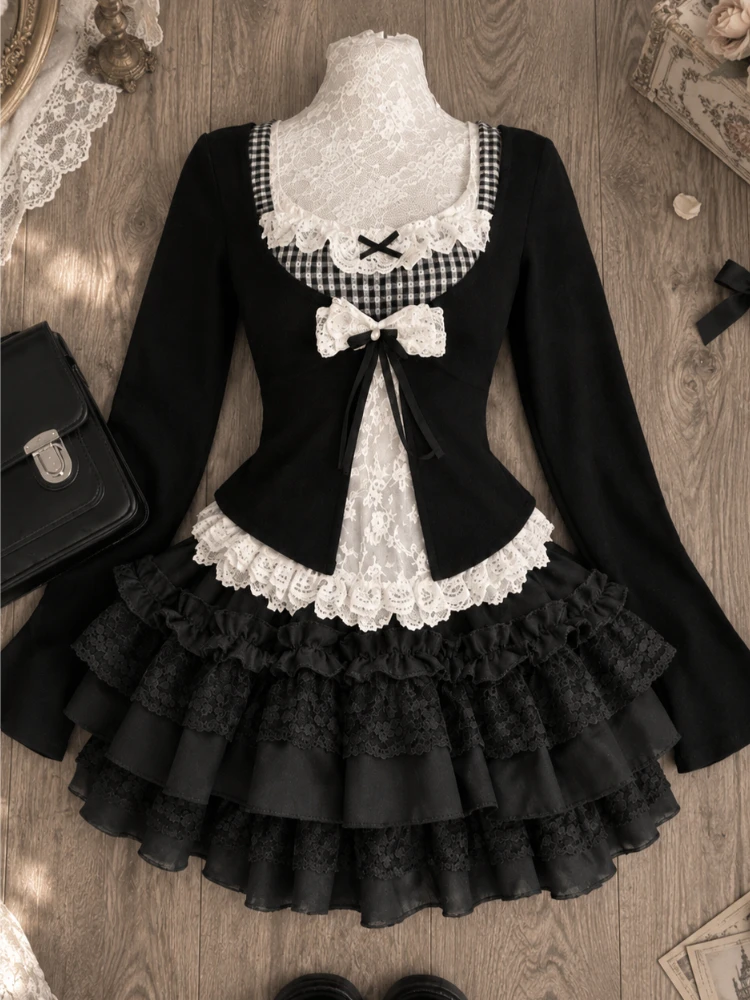 Korean Casual Women 2 Piece Skirt Suit Japanese Kawaii Y2K Crop Top Blouse Mini Skirt American Retro Fashion Outfits