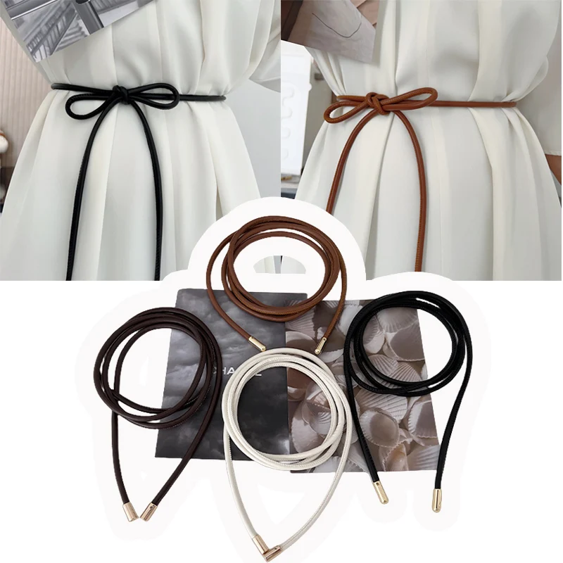 Slim PU Leather Long Thin Belt New Female Waist Chain Vintage Waistband Solid Knotted Waist Corset For Women Dress Decoration