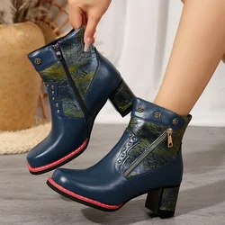 Ethnic Style Women's Casual Leather Boots 2026 Winter Retro Splicing Chunky Heel Women's Shoes High-heeled Short Fashion Botas