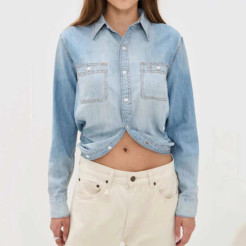 

Women's shirt New autumn 2025 single breasted slim fit lapel long sleeved top Retro pure cotton denim shirt y2k Women's blouse