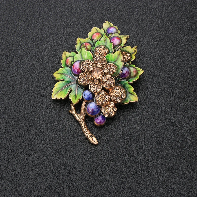 Vintage Grape Cluster Brooch Pin Enamel Leaf Rhinestone Crystal Fruit Lapel Pin Women Costume Jewelry Gift view 4