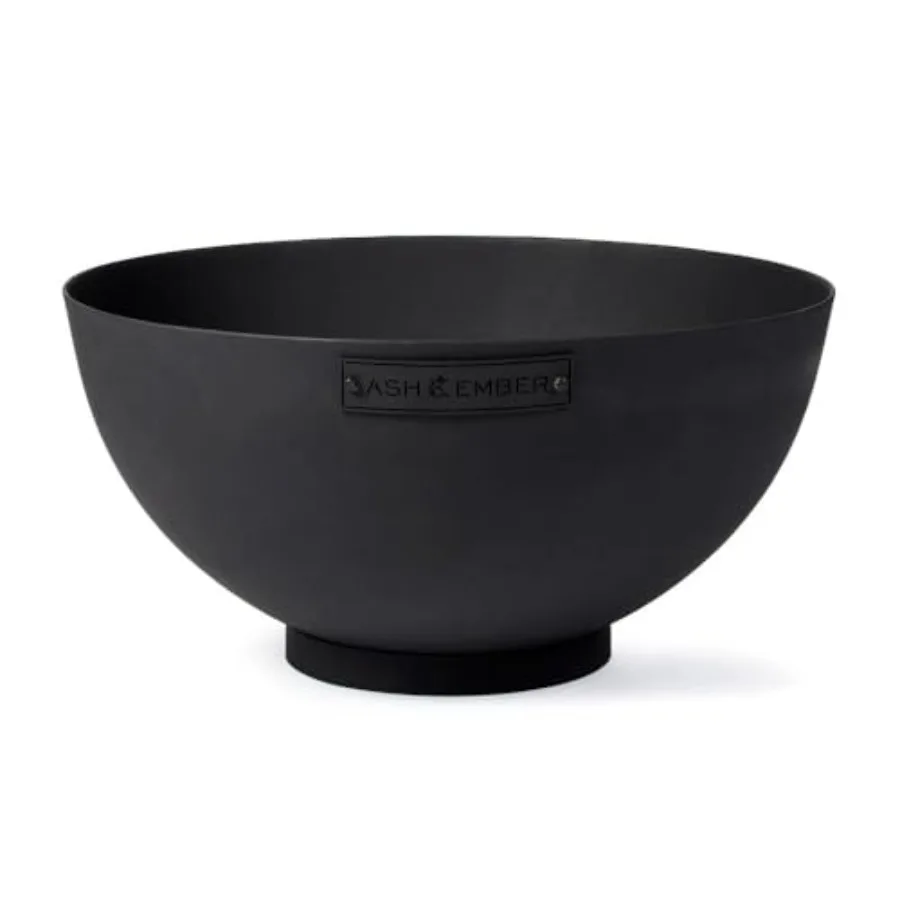 Outdoor wood burning fire pit for backyard use, cast iron with high-temp black paint, hemisphere shape, flanged edge and stable