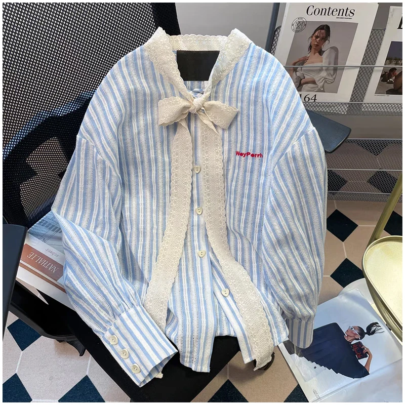 

Lace Bowtie Mock Neck Button Down Loose Tee Women Drop Shoulder Sweet Shirt Long Sleeve Blue Stripe College Student Blouse Tops