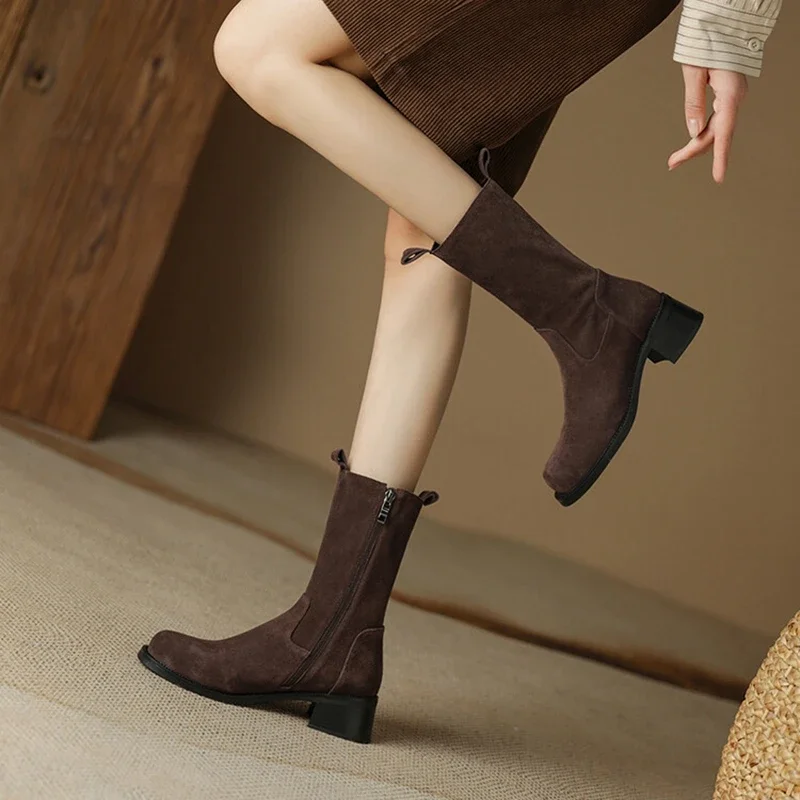 NEW Autumn Women Boots Round Toe Chunky Heel Boots Cow Suede Leather Shoes for Women Zipper Mid-calf Boots Winter Ladies Shoes