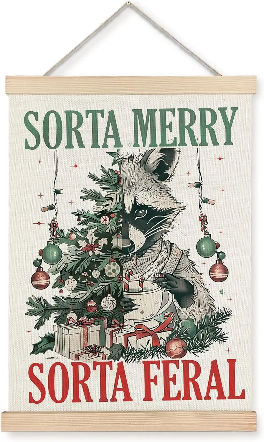 URLLUAE raccoon Christmas Wall Decor, Vintage Christmas Tree Wall Art Poster Hanger Frame, Retro Christmas Pictures Wall Decor f