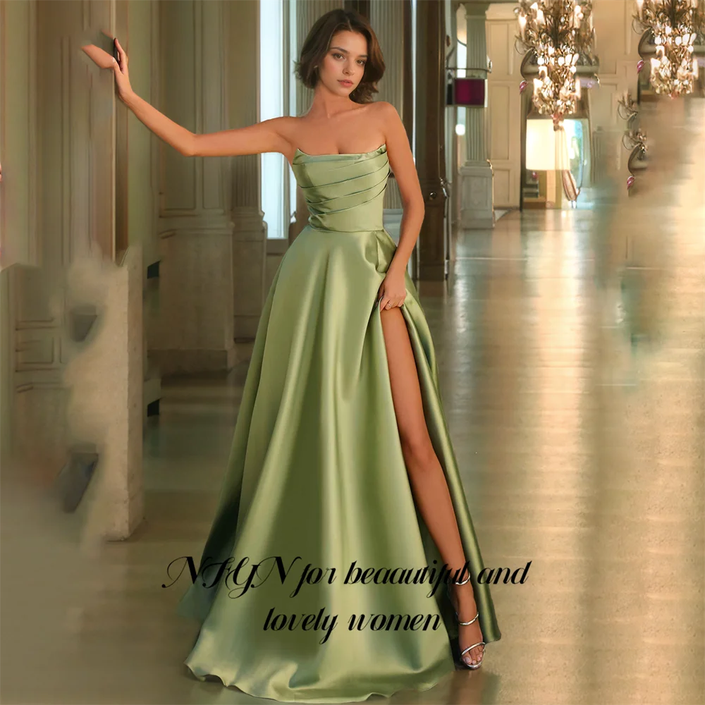 

NFYN Green Long Stain Backless Formal Prom Dress A-Line Sleeveless Strapless Pleat Women Evening Gown with High Split Customized