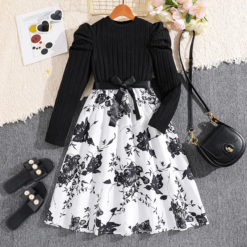 Dress For Girls 8-12 Years  O-neck Long-sleeved Black Knit Patchwork Print Dress Give Belt