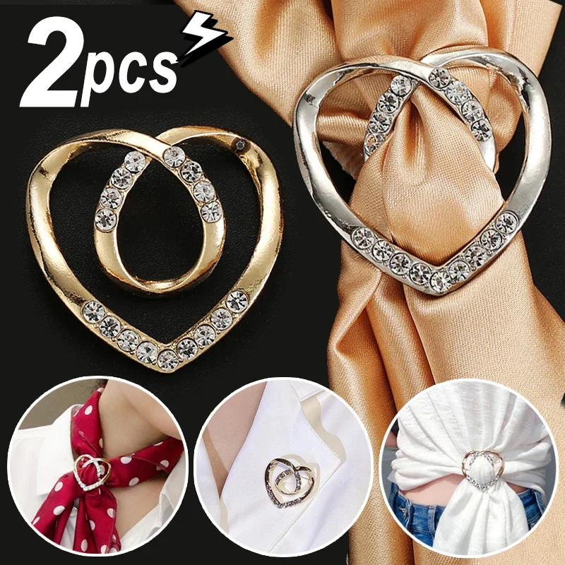 2pcs Shirt Knotted Heart Scarf Brooches Crystal Silk Scarf Buckle Brooch Shawl Ring Clip Scarves Fastener Button Pin Accessories