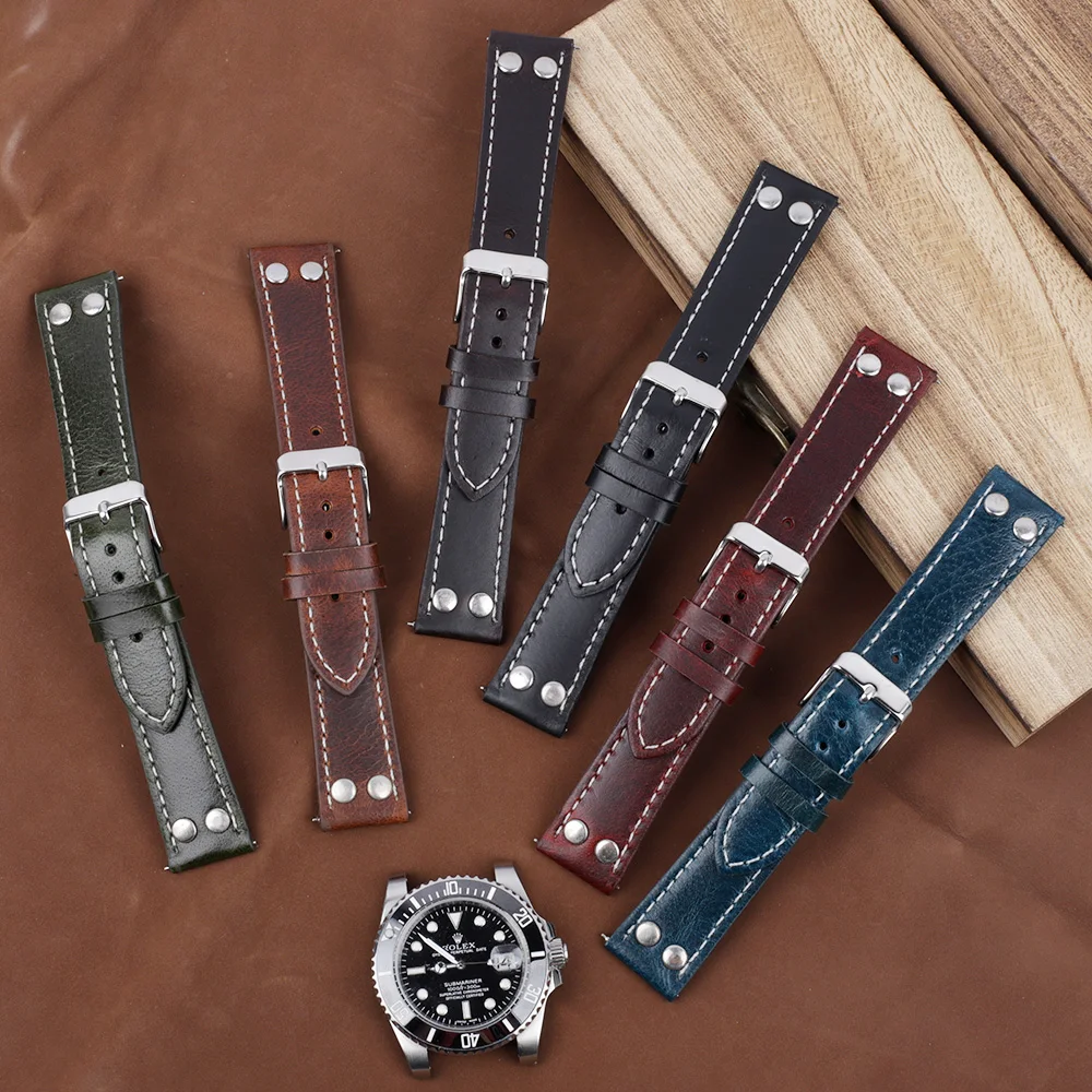 Vintage Discoloration Oil Wax Genuine Leather Watchband 18mm 20mm 22mm 24mm Rivet Bracelet Quick Release Watch Strap for Men