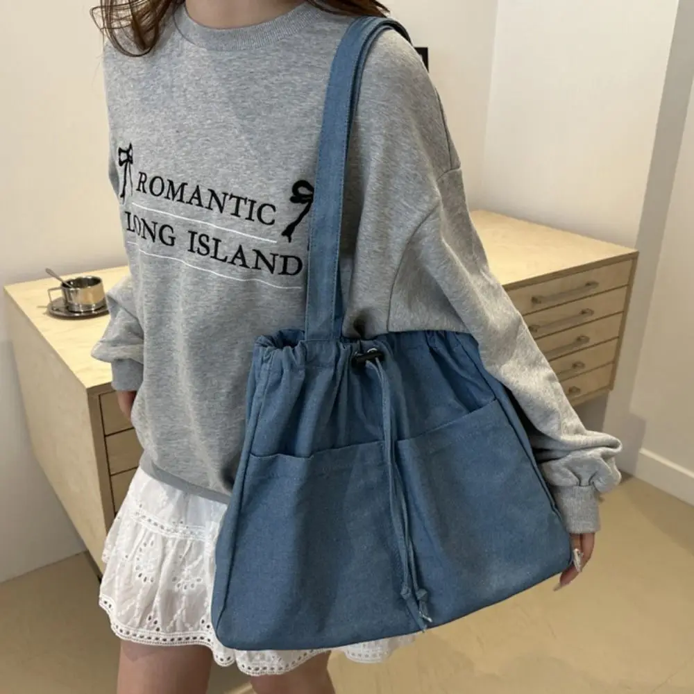 

Портативная большая вместительная оксфордская сумка на плечо на шнурке, повседневная универсальная джинсовая сумка-тоут, ковбойская парусиновая сумка-ведро для отдыха, женская сумка