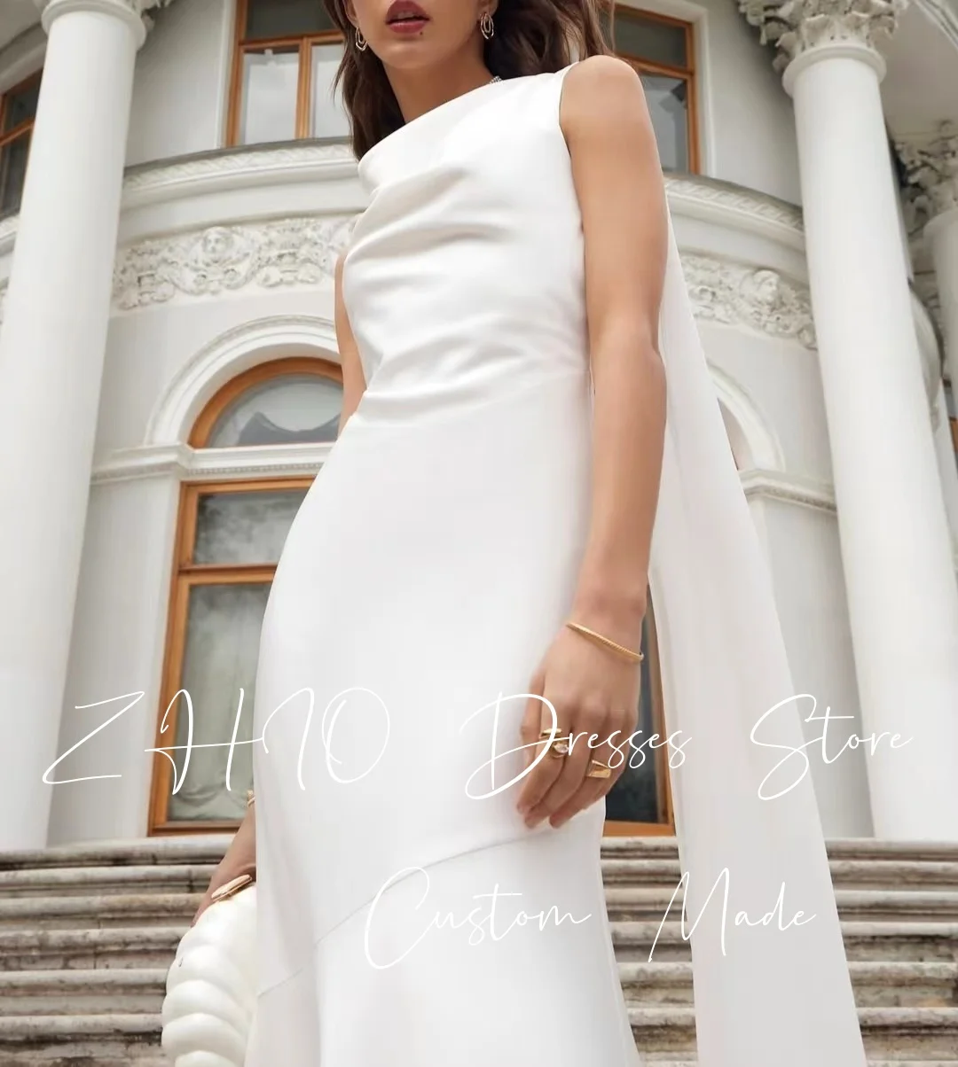 ZHIO فستان زفاف حورية البحر بسيط برقبة دائرية بدون أكمام سترة طويلة بطول الأرض فستان زفاف مخصص فساتين سهرة رسمية