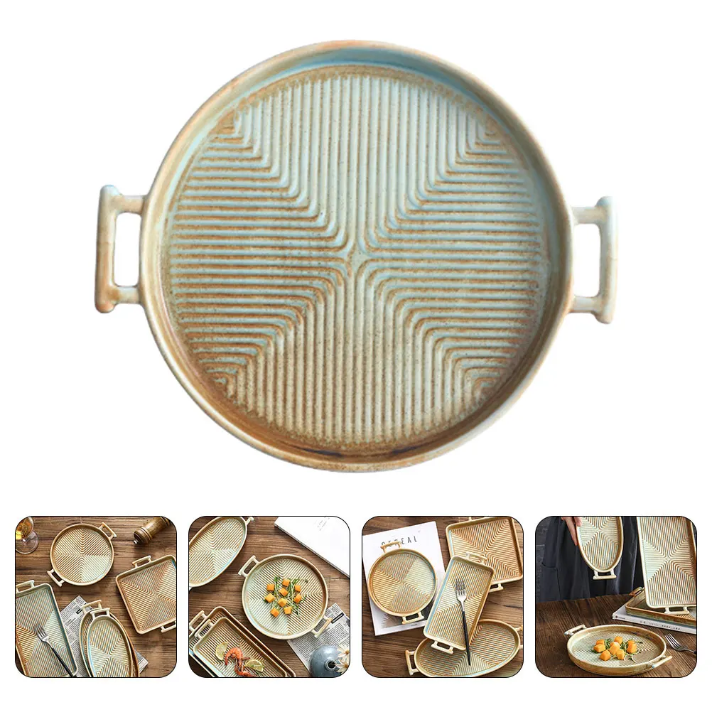 

Ceramic Baking Pan Retro Double Ear Design Easy Hold Safe Microwave Oven Use Exquisite Texture Non Stick Oil Drain Home