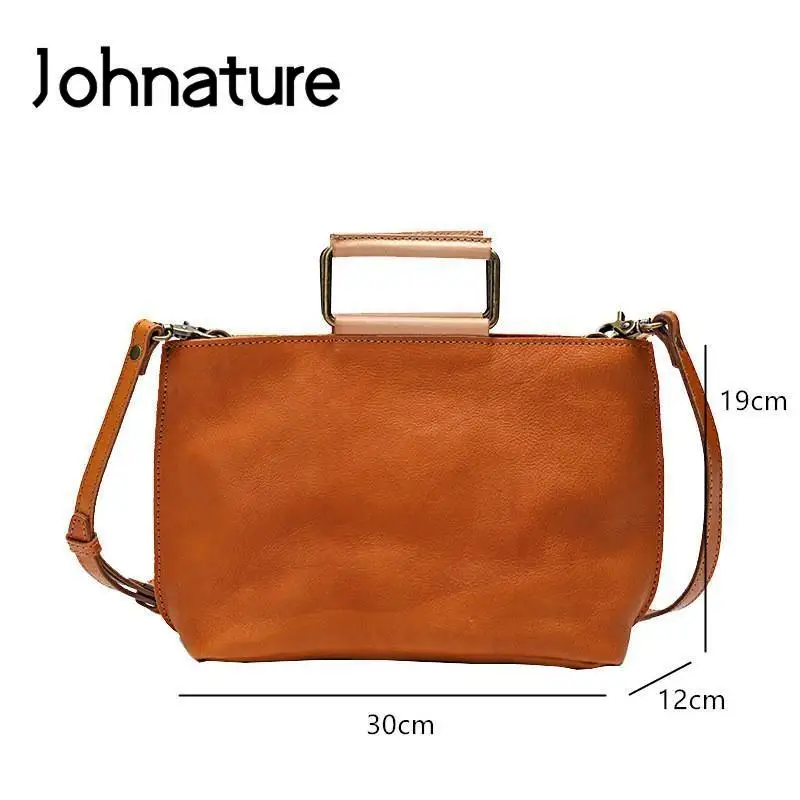 Johnature Handmade Natural Cow Leather Women Bag 2024 New Simple Retro Handbag Large Capacity Solid Color Shoulder Bags