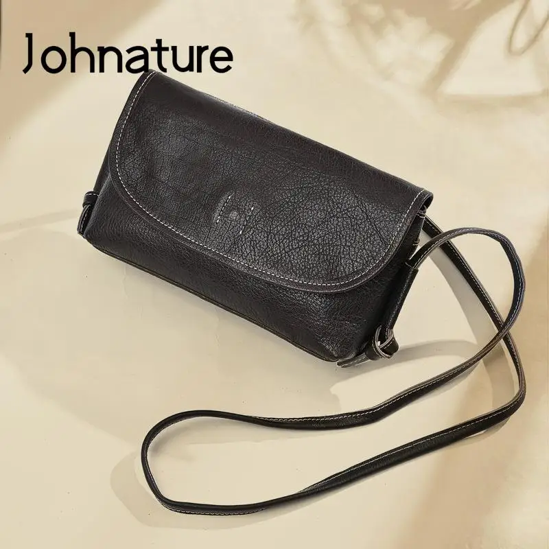 Johnature Vintage Solid Color Women Small Bag 2024 New Genuine Leather Versatile Simple Real Cowhide Shoulder & Crossbody Bags