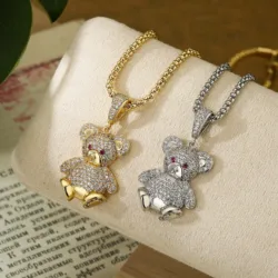 HECHENG,Cute bear necklace, Jewelry for Women Teddy Bear Micro-studded Hip Hop Necklace Brass 18K Gold Plated