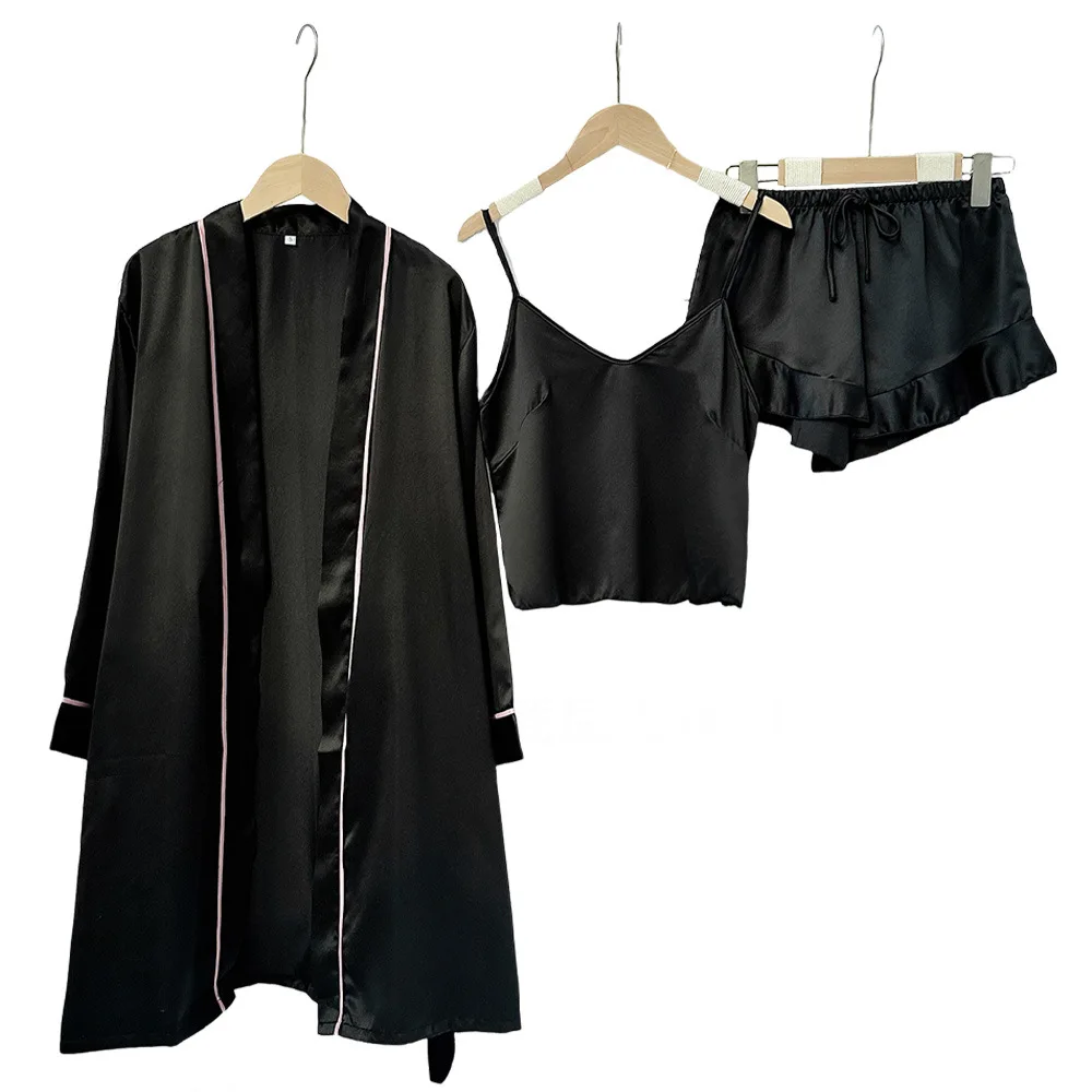 3 Stück Kimono Pyjamas Set Riemen Top & Shorts Bademantel Pyjamas Anzug Sommer Frauen Robe Nachtwäsche Dessous seidige Satin Home Kleidung