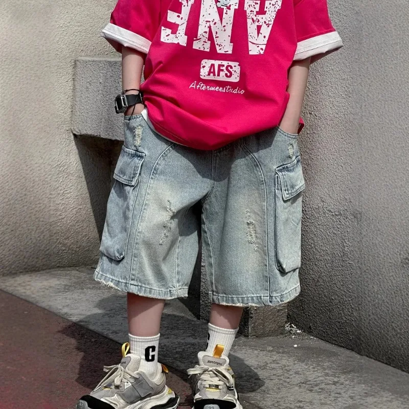 

2025 Summer New Children's Cat Scratch Hole Workwear Denim Shorts Retro Boys' Cropped Shorts Trendy