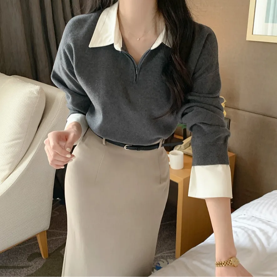 Women's Knit Long Sleeve Stand Collar Half-Zip Sweater, Color Block...