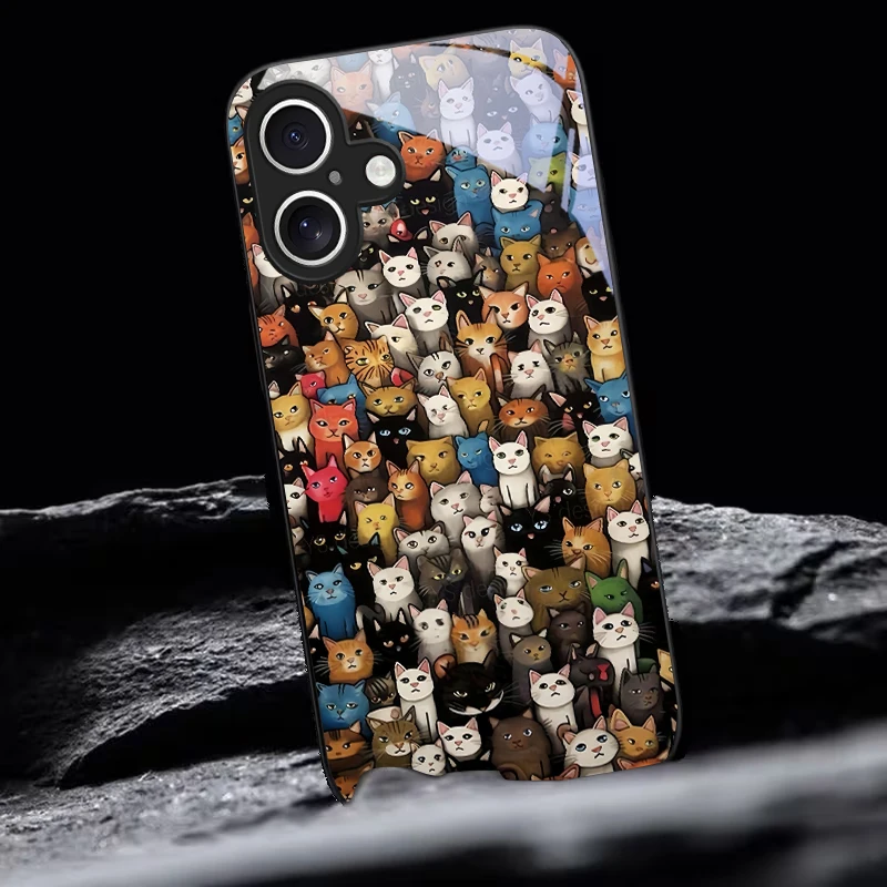 Whimsical Cat Crowd Black Glass Phone Case For iPhone 18 16 11 Pro 12 13 mini 14 15 Pro Max 16E 17 Air XsMax XR 8 7 Plus X Cover view 5