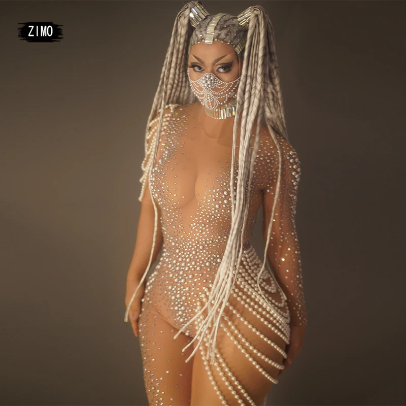 

fashion Rhinestones pearl sheer mesh long sleeve Jumpsuits one shoulder Birthday party Celebrate club Singer Wear stage outfits