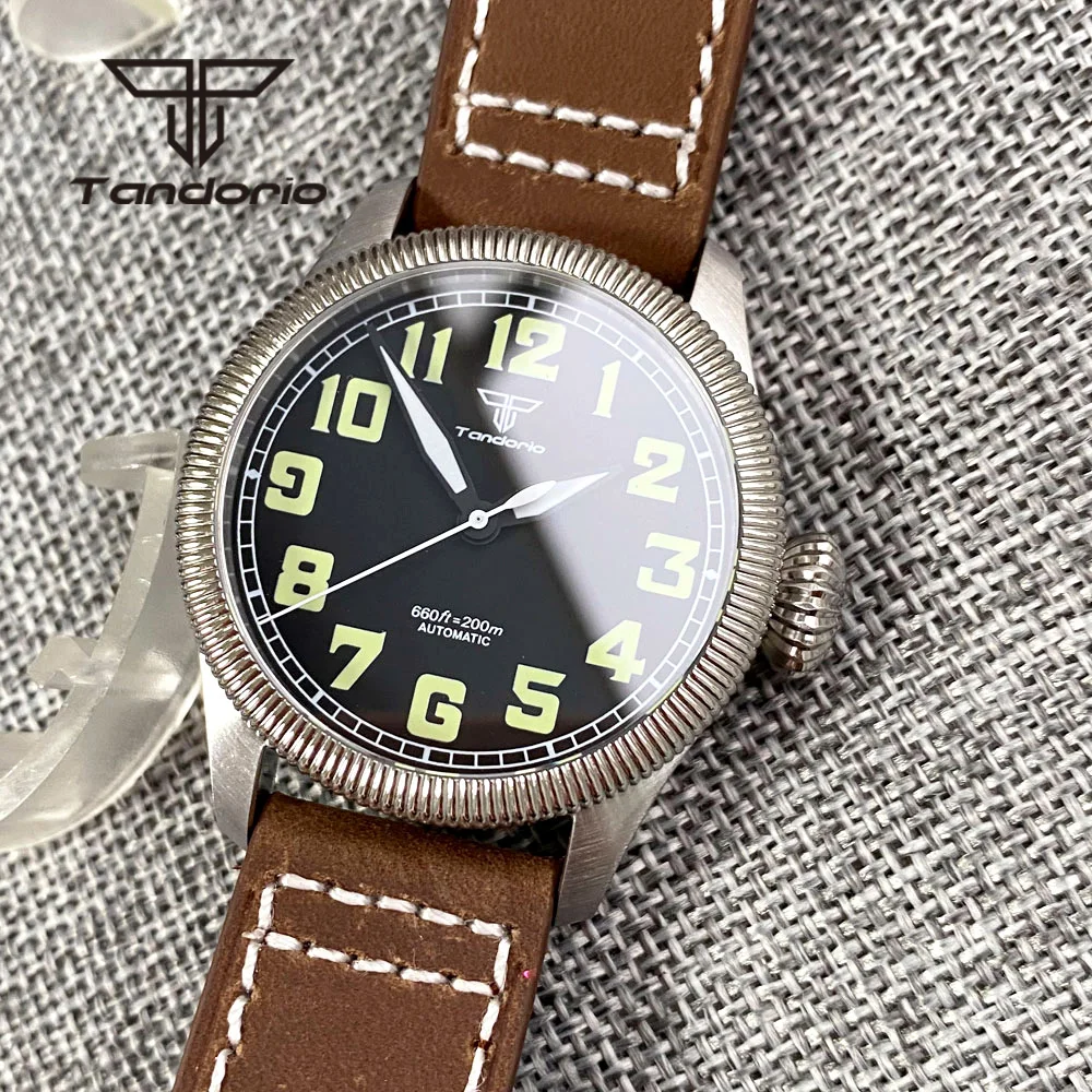 Tandorio 39mm 200M Dive Automatic Pilot Watch for Men Fluted Bezel Big Crown Green Marks NH35A PT5000 Sapphire Leather Luminous