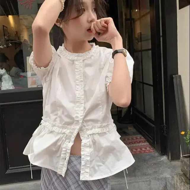 

French Elegant Gentle And High Quality Shirts For Women Ruffles Puff Sleeve Solid Color Summer Blouses Female Slim All Match