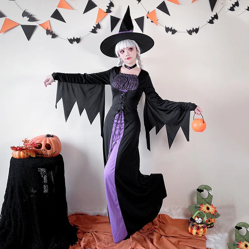 

Adult Halloween Purple Magic Wizard Robe Women's Bat Witch Stage Dress Long Skirt Female Costume Traditional Chinese ...