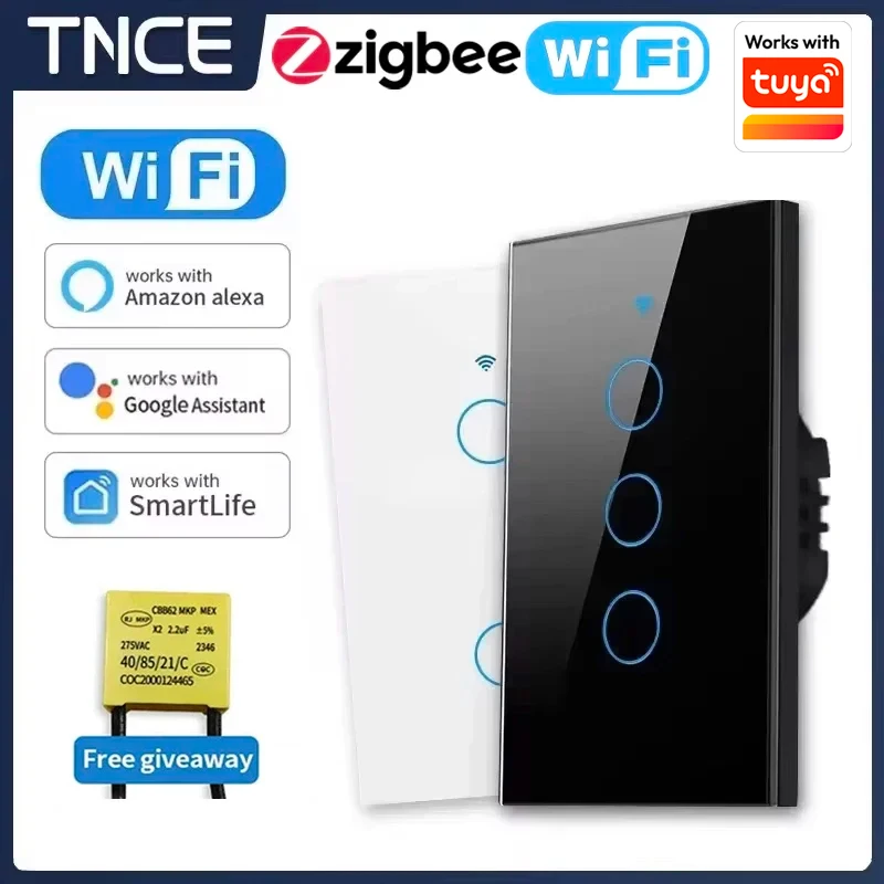 TNCE Tuya US WiFi or Zigbee Smart Wall Switch 1/2/3/4 Gang Wire Touch Sensor LED Light Switches Smart Home Alexa Google Home