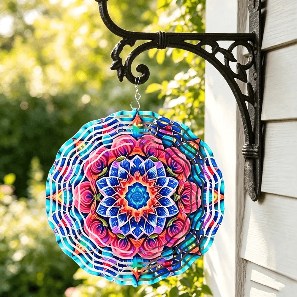 CIFbuy 10 Inch Metal Wind Spinner Floral Mandala Design 360 Degree Rotatable Bright Vibrant Color Waterproof Anti Fade Art Ornam