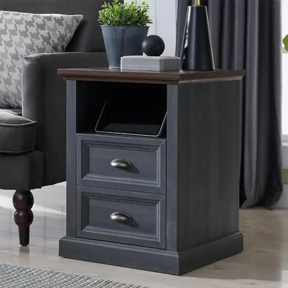 

Nightstand Charging Station 2 Drawer Farmhouse Dresser Open Shelf Wood End Table Bedroom Rustic Storage Side Table Living Room