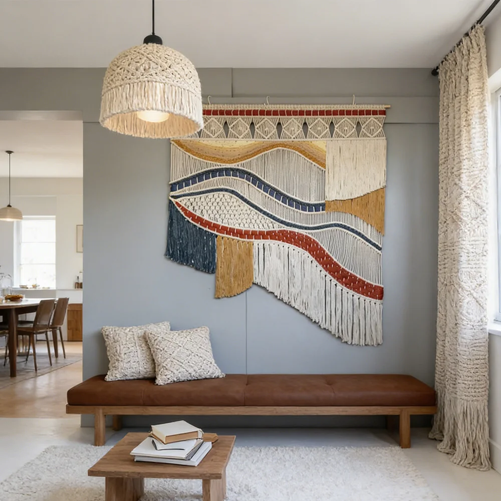 tt& Modern Bohemian Macrame Wall Art with Wave Details for Contemporary Home Interiors & Minimalist Office Spaces~*