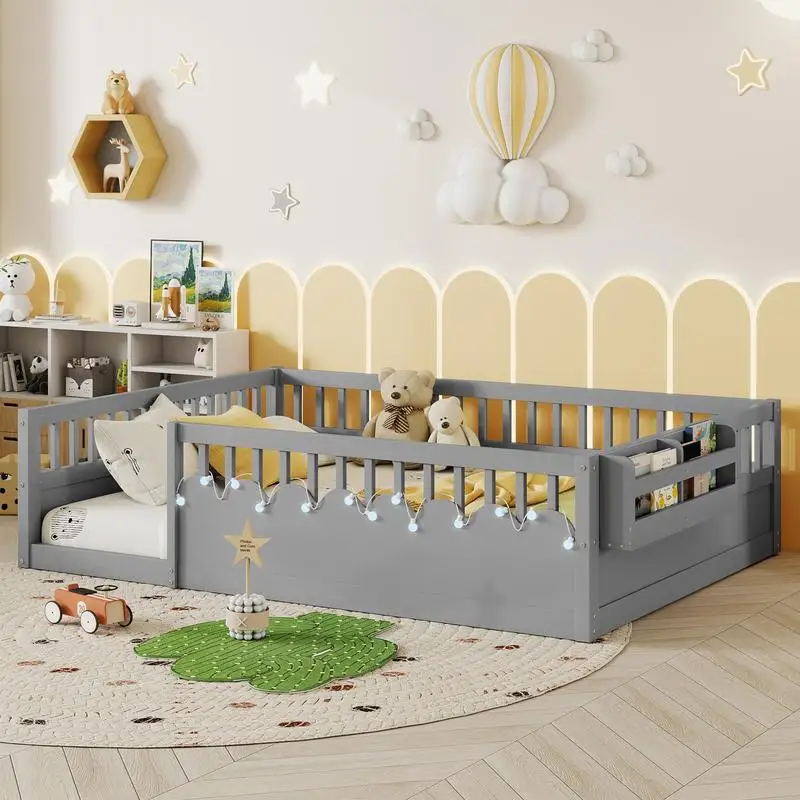 إطار سرير أرضية مونتيسوري بالكامل مع قضبان عالية، سرير أرضية خشبي للأطفال، رمادي مع رف تخزين، توقع تاريخ وصول أغسطس
