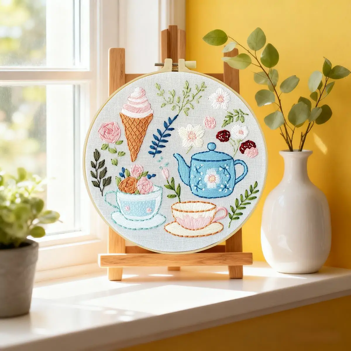 1 Stück 20X20CM/15X15CM 7,87/6,3 Zoll Nachmittagstee Stickerei Starter-Kit DIY-Kit DIY-Stickerei-Set für Anfänger – Detail 1