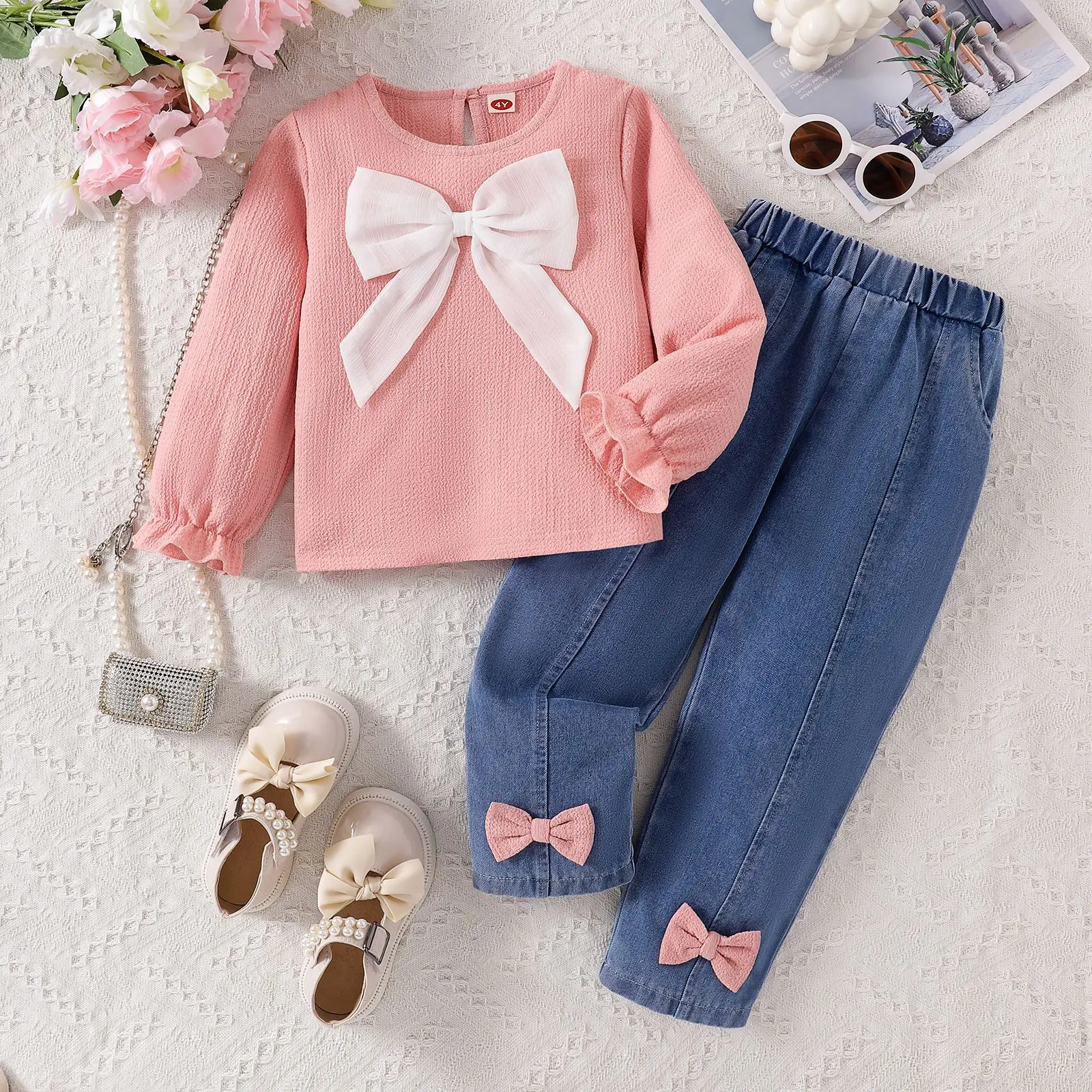 

Europe and the United States autumn winter girls in children's solid color bow lace cuff long sleeve with denim pants 2-7Y