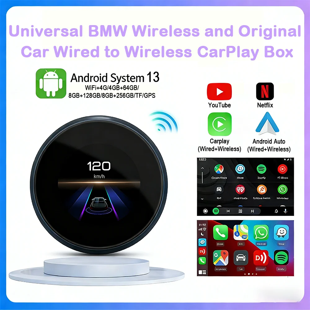 Wireless CarPlay QCM6125 Android 13 AI Box with Touch Round Display 4G LTE for Netflix for BMW ID6 ID7 ID8 ID9 Car Accessories
