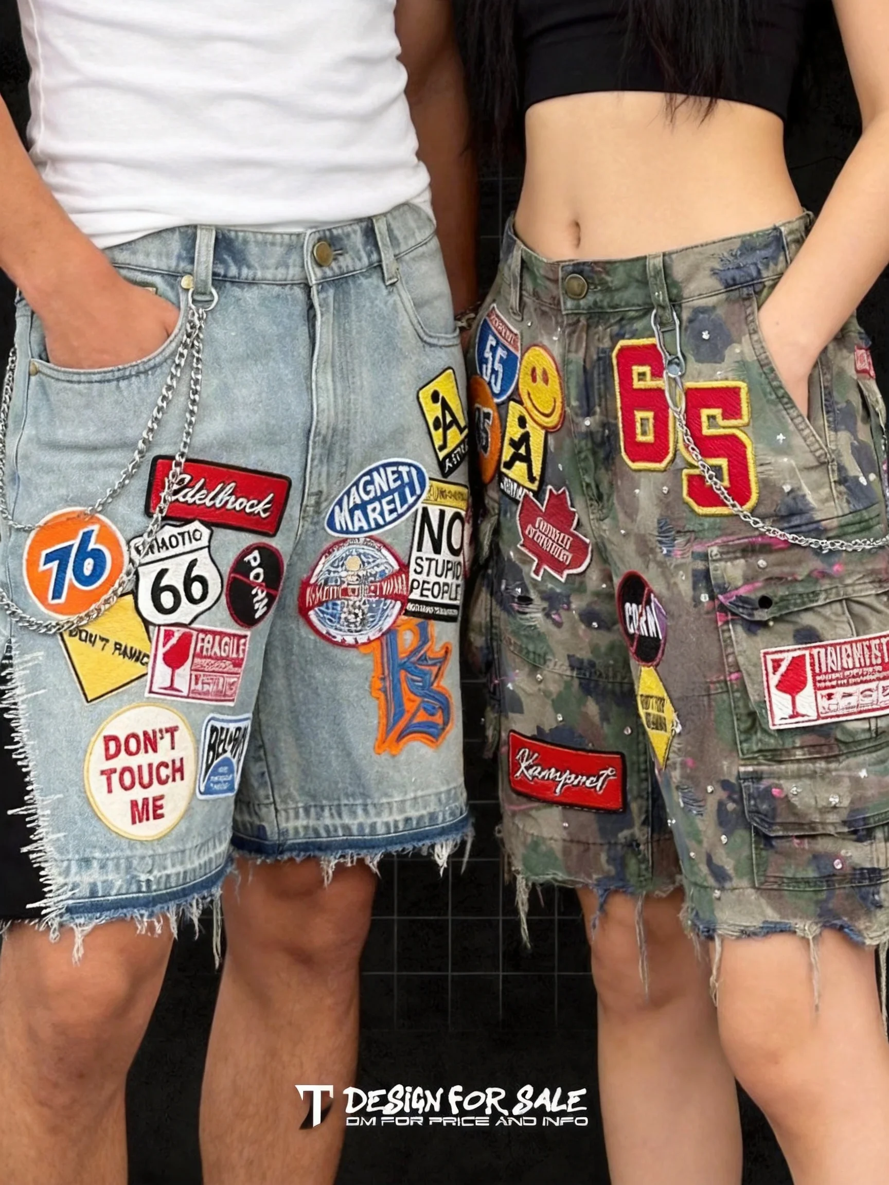 Hip Hop Retro Patchwork Graphics Denim Shorts Blue Streetwear Y2K Jeans Loose Camo Denim Fitness Casual Women Shorts