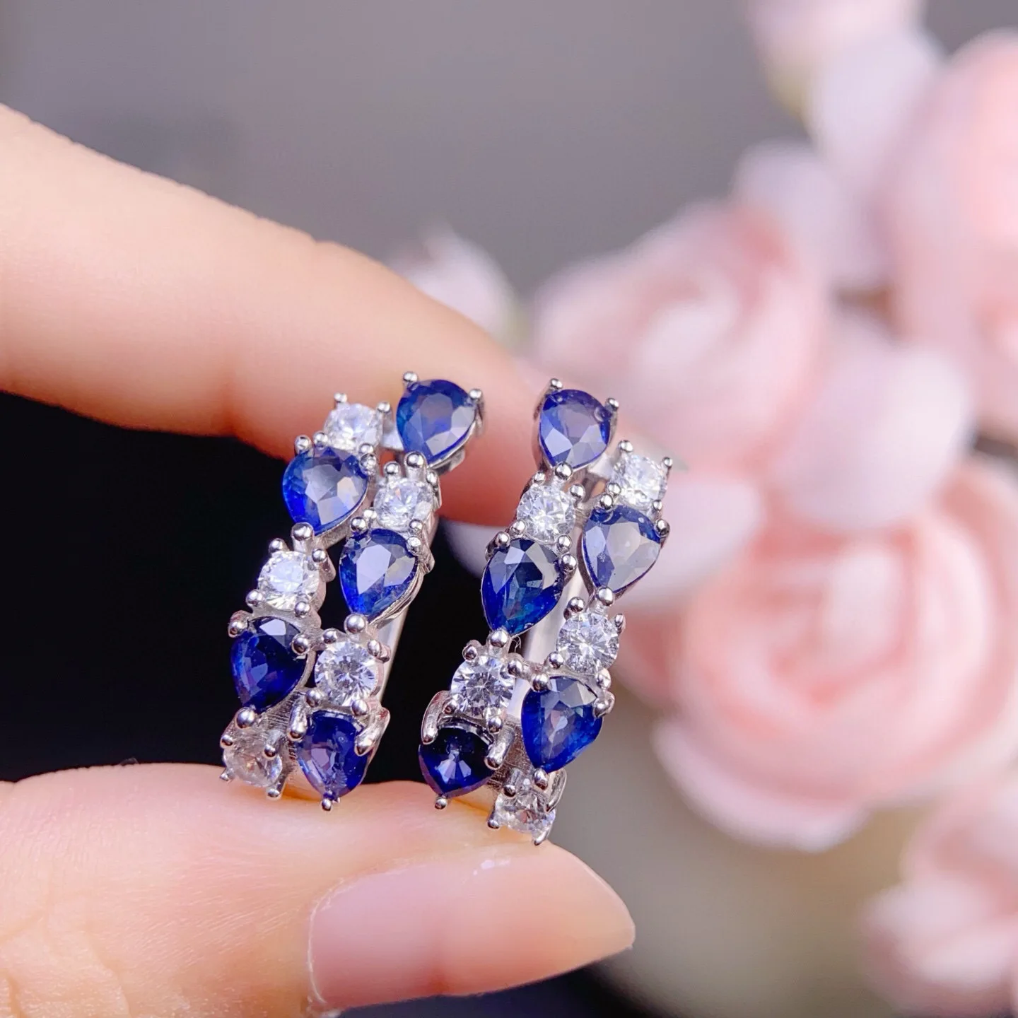 S925 Silver Precision Gold Plated Natural Sapphire Ear Cuffs, 4x5mm Gemstone with Certification view 3