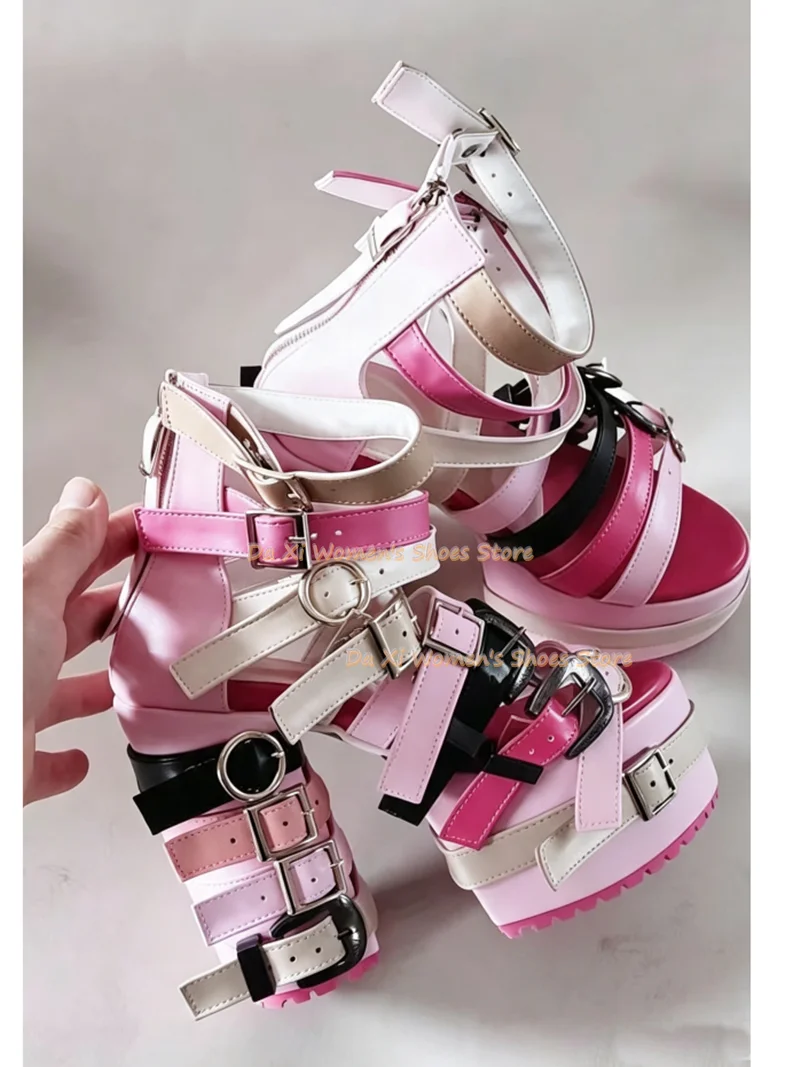 Color Thick Band Combination Platform Rome Sandals Punk Style Belt Buckle Buckle Tall Sandals Role Playing Rave Party  Footwear view 6